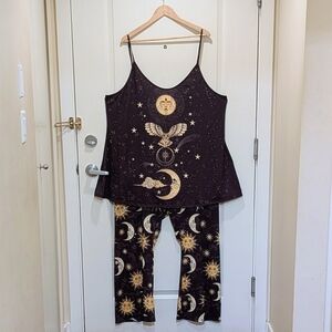 EUC SHEIN 5X Witchy Goth Sun Moon and Stars Wide Leg Co-ord Set